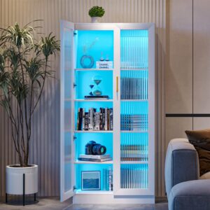 lvsomt 65" storage cabinet with led lights, white display curio cabinet with 2 doors and 5-tier shelves, tall bookcase modern bookshelf, kitchen pantry for home office, living room (white)