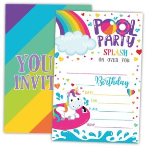 awsice rainbow unicorn birthday invitations,pool party theme double-sided fill-in invite cards for birthday party, 20 invitations with envelopes, decorations,party favor and supply-a23