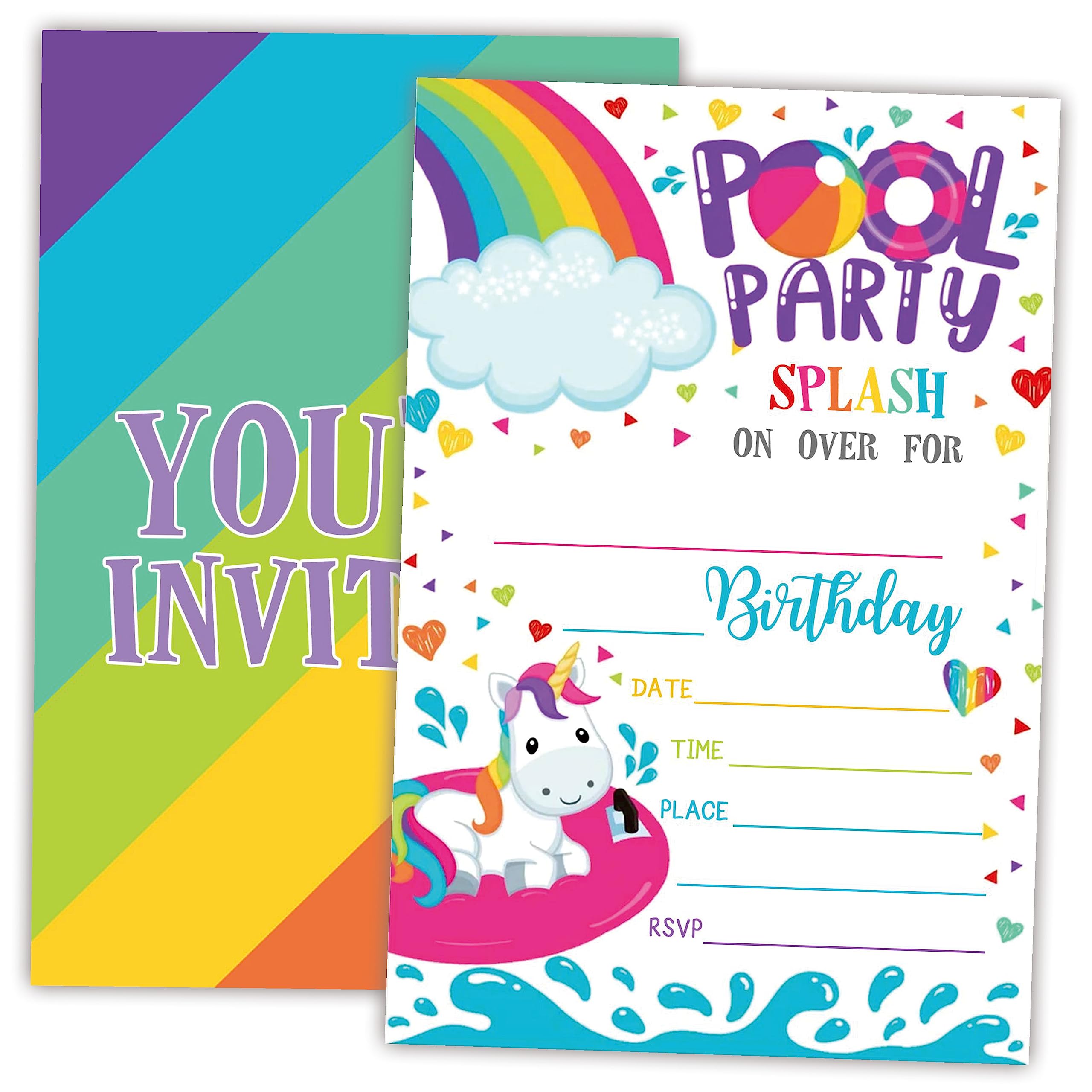 AWSICE Rainbow Unicorn Birthday Invitations,Pool Party Theme Double-Sided Fill-In Invite Cards For Birthday Party, 20 Invitations With Envelopes, Decorations,Party Favor And Supply-A23