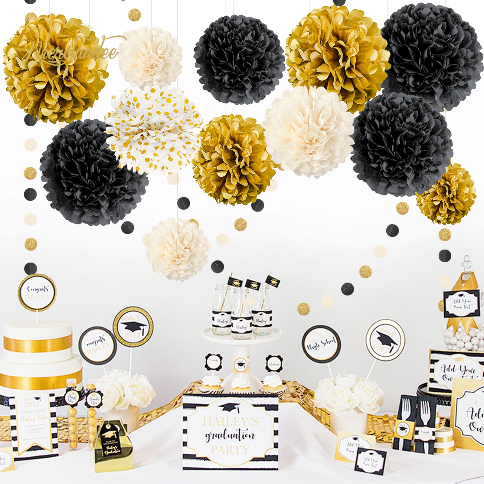 NICROLANDEE Black Gold Party Decorations, 15 PCS Tissue Paper Pom Poms Kit for 2025 New Year Party, Wedding, Birthday, Engagement, Graduation Party Decor, Paper Garland Flower Ball Ceiling Wall Decor