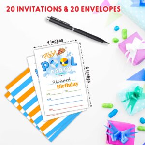 AWSICE Pizza Pool Party Birthday Invitations, Summer Double-Sided Fill-In Invite Cards For Birthday Party, 20 Invitations With Envelopes, Decorations,Party Favor And Supply-A37