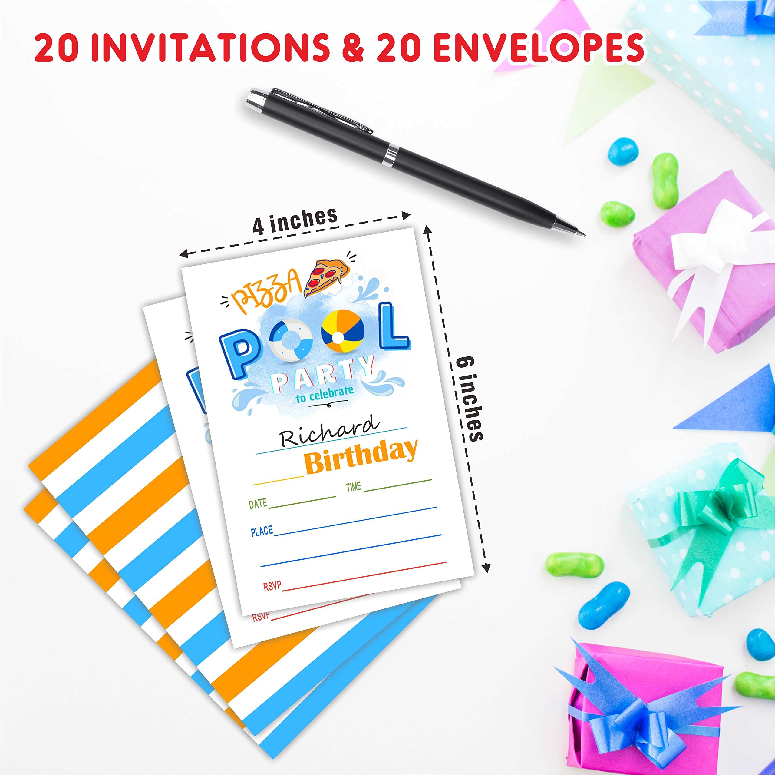 AWSICE Pizza Pool Party Birthday Invitations, Summer Double-Sided Fill-In Invite Cards For Birthday Party, 20 Invitations With Envelopes, Decorations,Party Favor And Supply-A37