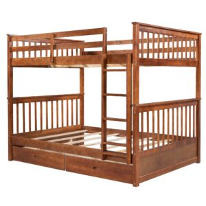 Harper & Bright Designs Full Over Full Bunk Bed with Storage Drawers, Solid Pine Wood Frame and Ladder with Guard Rails for Kids, Teens, Boys and Girls, No Box Spring Needed, Bunk Bed Walnut