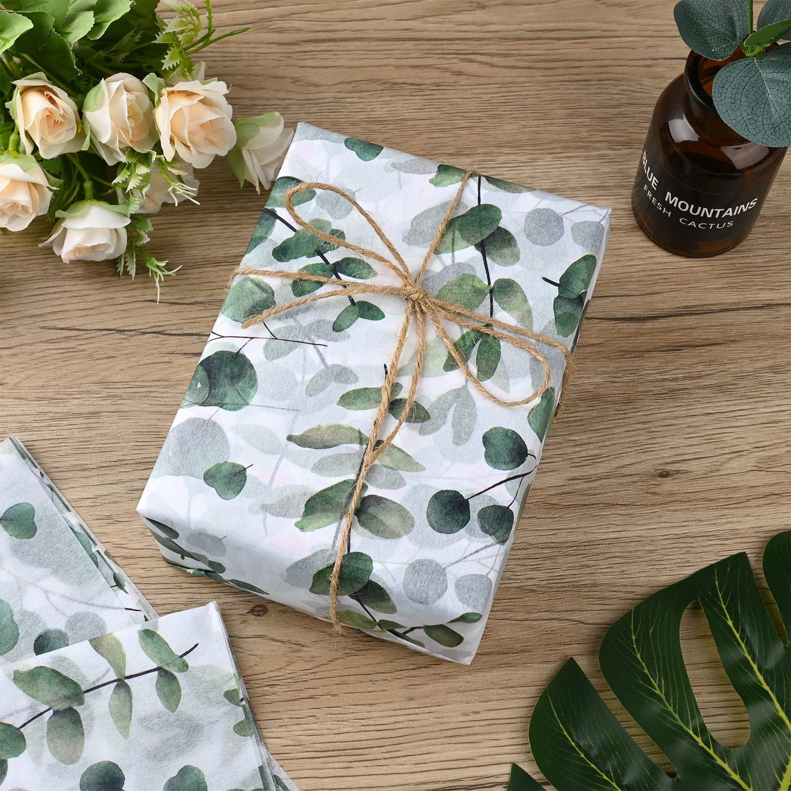 Bolsome 100 Sheets 20 * 14 Inches Eucalyptus Tissue Paper Greenery Botanical Gift Wrapping Tissue Boho Herb Decor Spring Wrapping Tissue for Gift Bags for Baby Shower, Wedding,Birthday Crafts