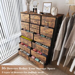 Finnhomy 16 Drawers Dresser for Bedroom, Tall Dressers & Chests of Drawers with Wood Top, Large Fabric Storage Dresser for Bedroom/Living Room/Entryway/Closet, 38" W x 11.8" D x 57.1" H, Rustic Brown