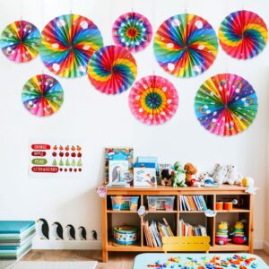 Outus 9 Pcs Rainbow Party Decorations Paper Fans Boho Classroom Decorations Boho Bulletin Board Ceiling Wall Hanging Paper Fans for Baby Shower Rainbow Birthday Decorations and Supplies