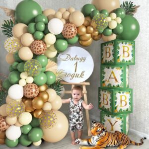 Baby Boxes Safari Jungle Baby Shower Decorations for Boy Girl, Safari Balloons Garland Arch Kit with 4Pcs Sage Green Animal Baby Boxes Nude Giraffe Print Balloons for Wild One Birthday Party Supplies