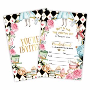 tea party birthday party invitation, checkerboard invite cards（20 count) with envelopes, black & white grid fill in style invite cards for boys, girls, kids, birthday party supplies-a21