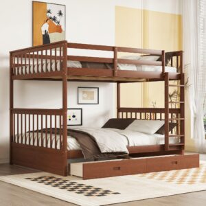 harper & bright designs full over full bunk bed with storage drawers, solid pine wood frame and ladder with guard rails for kids, teens, boys and girls, no box spring needed, bunk bed walnut