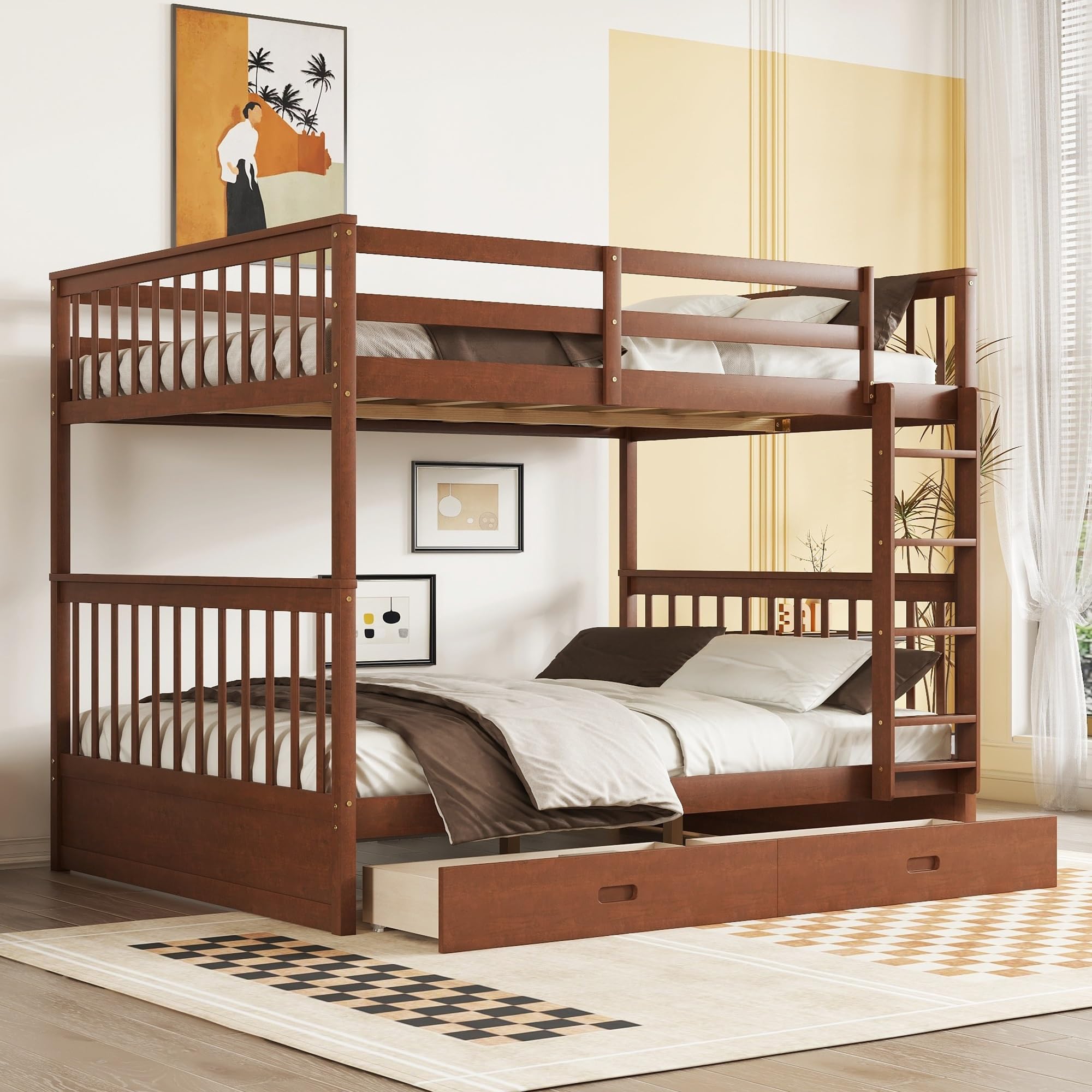 Harper & Bright Designs Full Over Full Bunk Bed with Storage Drawers, Solid Pine Wood Frame and Ladder with Guard Rails for Kids, Teens, Boys and Girls, No Box Spring Needed, Bunk Bed Walnut