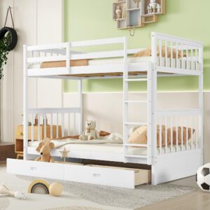 harper & bright designs twin over twin bunk bed with storage drawers, solid pine wood frame and ladder with guard rails for kids, teens, boys and girls, no box spring needed, bunk bed white