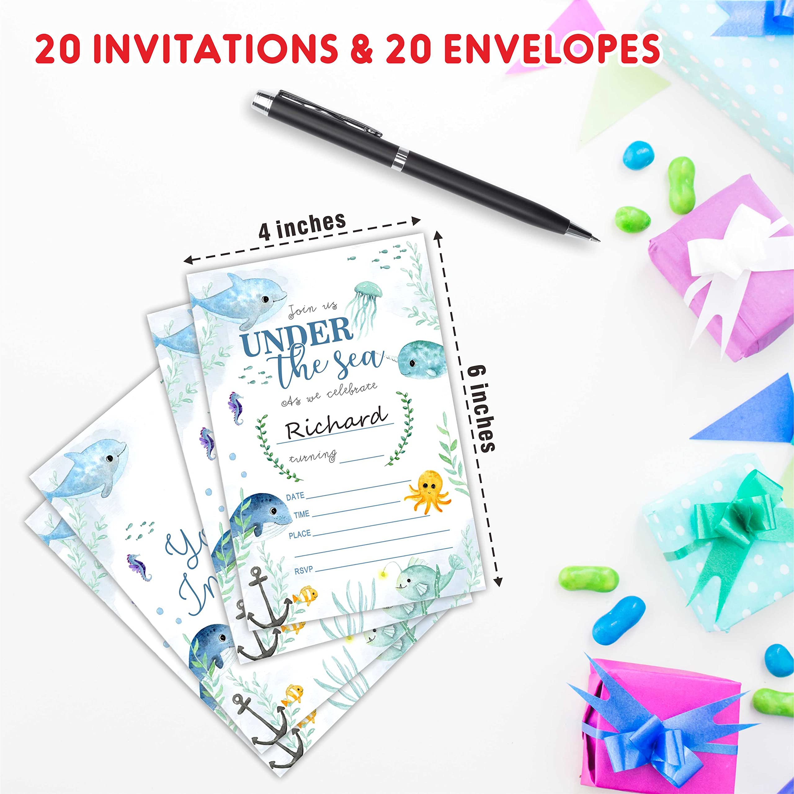 AWSICE Under The Sea Birthday Invitations, Ocean Animals Double-Sided Fill-In Invite Cards For Birthday Party, 20 Invitations With Envelopes, Decorations,Party Favor And Supply-A16