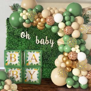 Baby Boxes Safari Jungle Baby Shower Decorations for Boy Girl, Safari Balloons Garland Arch Kit with 4Pcs Sage Green Animal Baby Boxes Nude Giraffe Print Balloons for Wild One Birthday Party Supplies