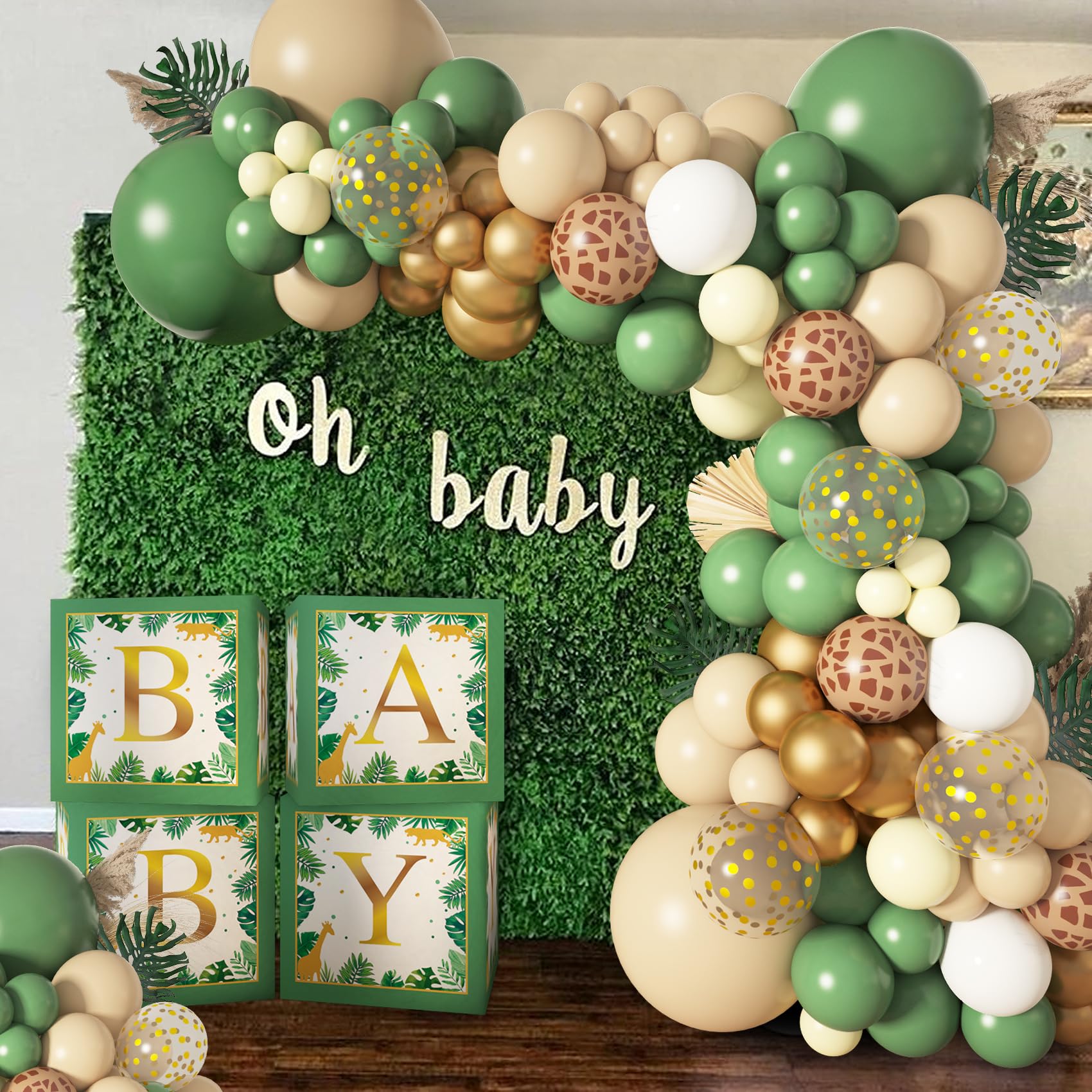 Baby Boxes Safari Jungle Baby Shower Decorations for Boy Girl, Safari Balloons Garland Arch Kit with 4Pcs Sage Green Animal Baby Boxes Nude Giraffe Print Balloons for Wild One Birthday Party Supplies