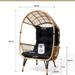 JOINHOM Hand Woven Wicker Egg Chair, Patio Sun Shade Egg Chair with Wide Armrest Allow You to Relax, Strong Metal Frame Lounge Chair w/Cushion for Garden, Balcony, Living Room