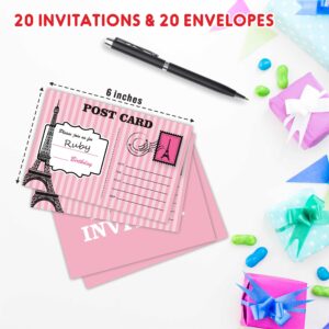 AWSICE Blush Paris Birthday Invitations, Eiffel Tower Double-Sided Fill-In Invite Cards For Birthday Party, 20 Invitations With Envelopes, Decorations,Party Favor And Supply-A10