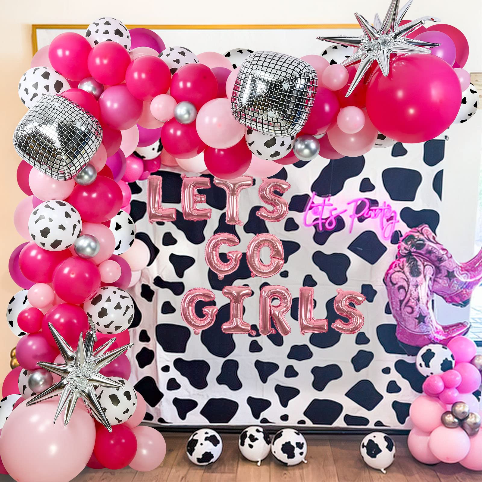 Disco Cowgirl Balloon Arch Garland, Pink Rose Silver Balloons with Disco Balls for Cowgirl Bachelorette Decorations Bridal Shower Birthday Supplies