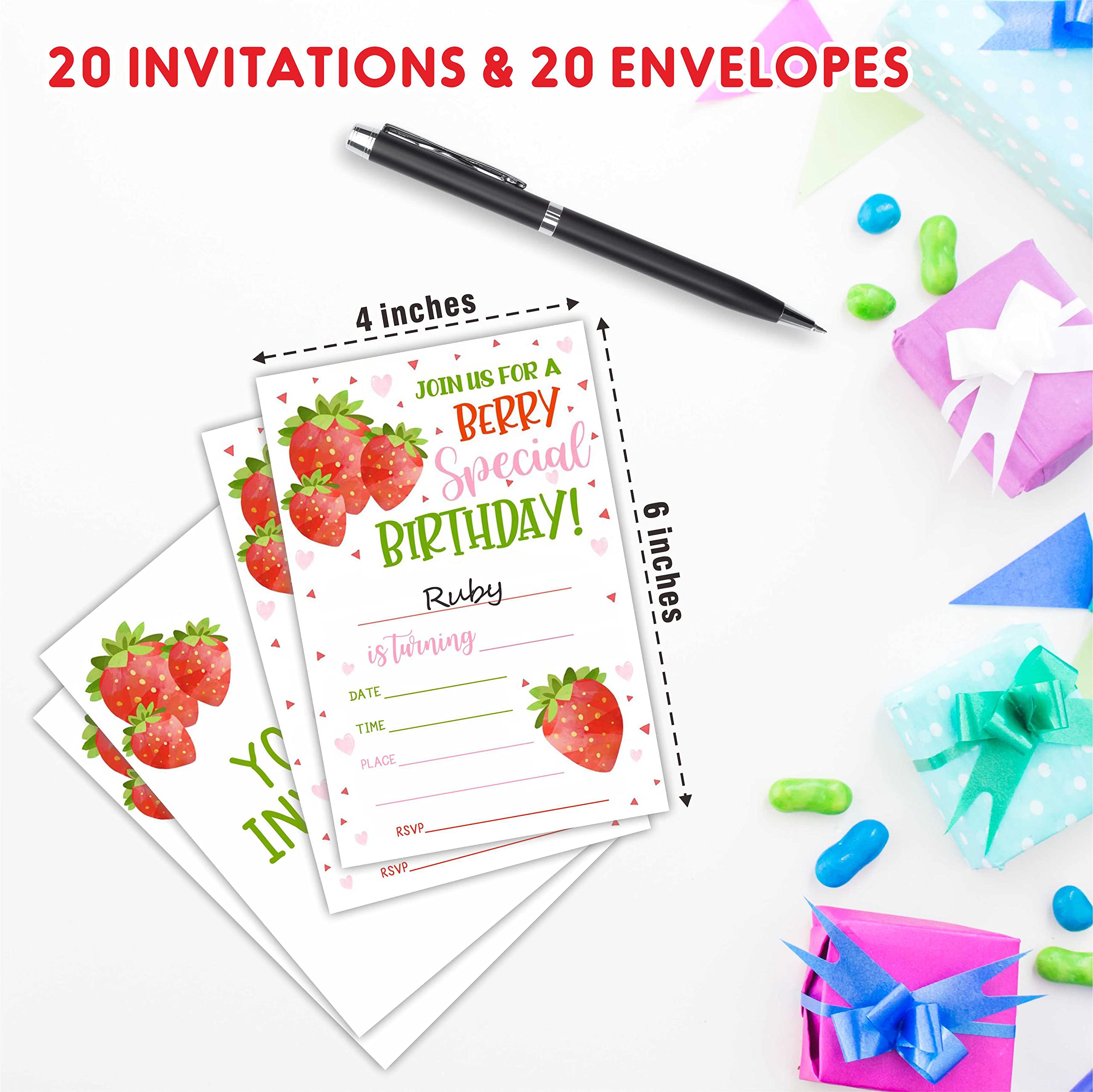 AWSICE Strawberry Theme Birthday Invitations, Fruits Double-Sided Fill-In Invite Cards For Kids, 20 Invitations With Envelopes, Decorations, Party Favor And Supply