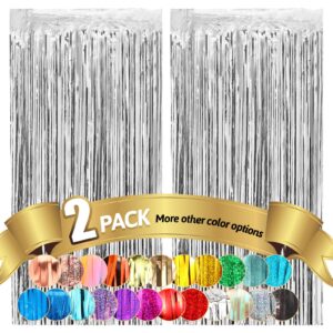 fannev 2 pack silver foil fringe curtain back drop, 3.3x 8.2ft metallic tinsel foil fringe streamer curtains for party photo booth props bachelorette birthday bridal shower christmas decorations