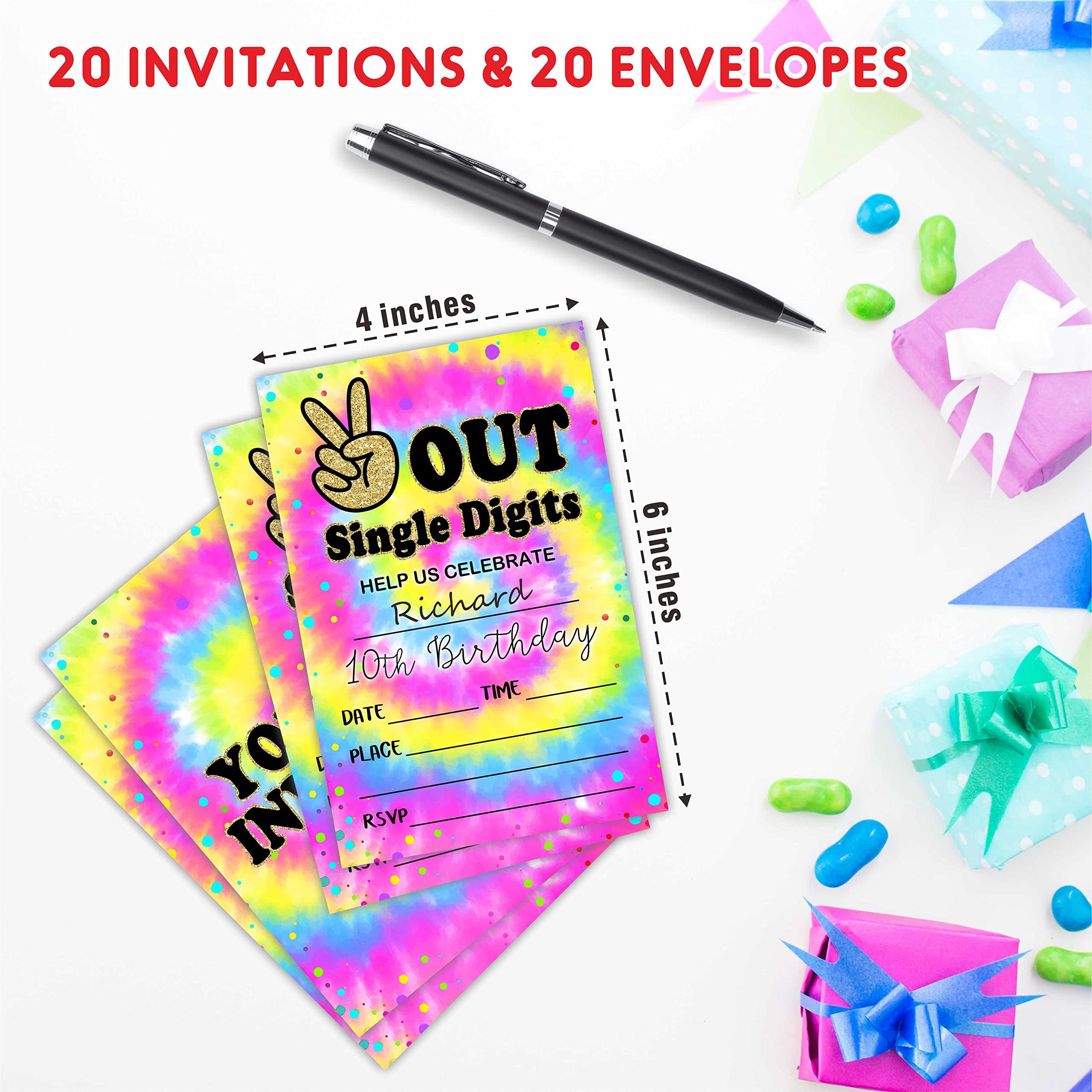 AWSICE Birthday Invitations, Tie Dye Double-Sided Fill-In Invite Cards For Birthday Party, 20 Invitations With Envelopes, Decorations,Party Favor And Supply-A48