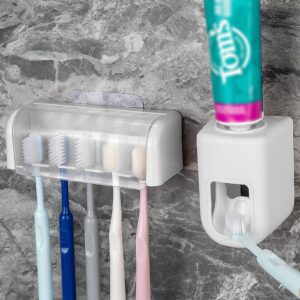 5 slots wall mount toothbrush holder with cover, self adhesive toothbrush storage organizer for shower, toothbrush hanger with automatic toothpaste squeezer dispenser