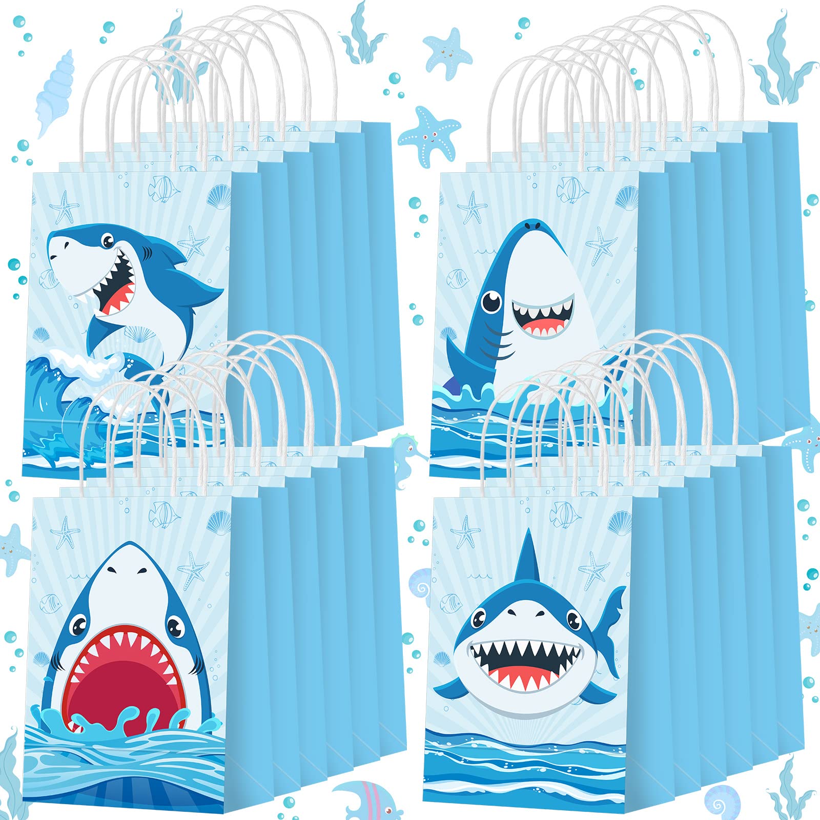 Outus 24 Pcs Shark Party Bags Blue Shark Birthday Party Favor Gift Bags Shark Goodie Candy Bags with Twist Handles Shark Party Supplies for Kids Summer Ocean Sea Baby Shower Decorations