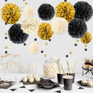 NICROLANDEE Black Gold Party Decorations, 15 PCS Tissue Paper Pom Poms Kit for 2025 New Year Party, Wedding, Birthday, Engagement, Graduation Party Decor, Paper Garland Flower Ball Ceiling Wall Decor