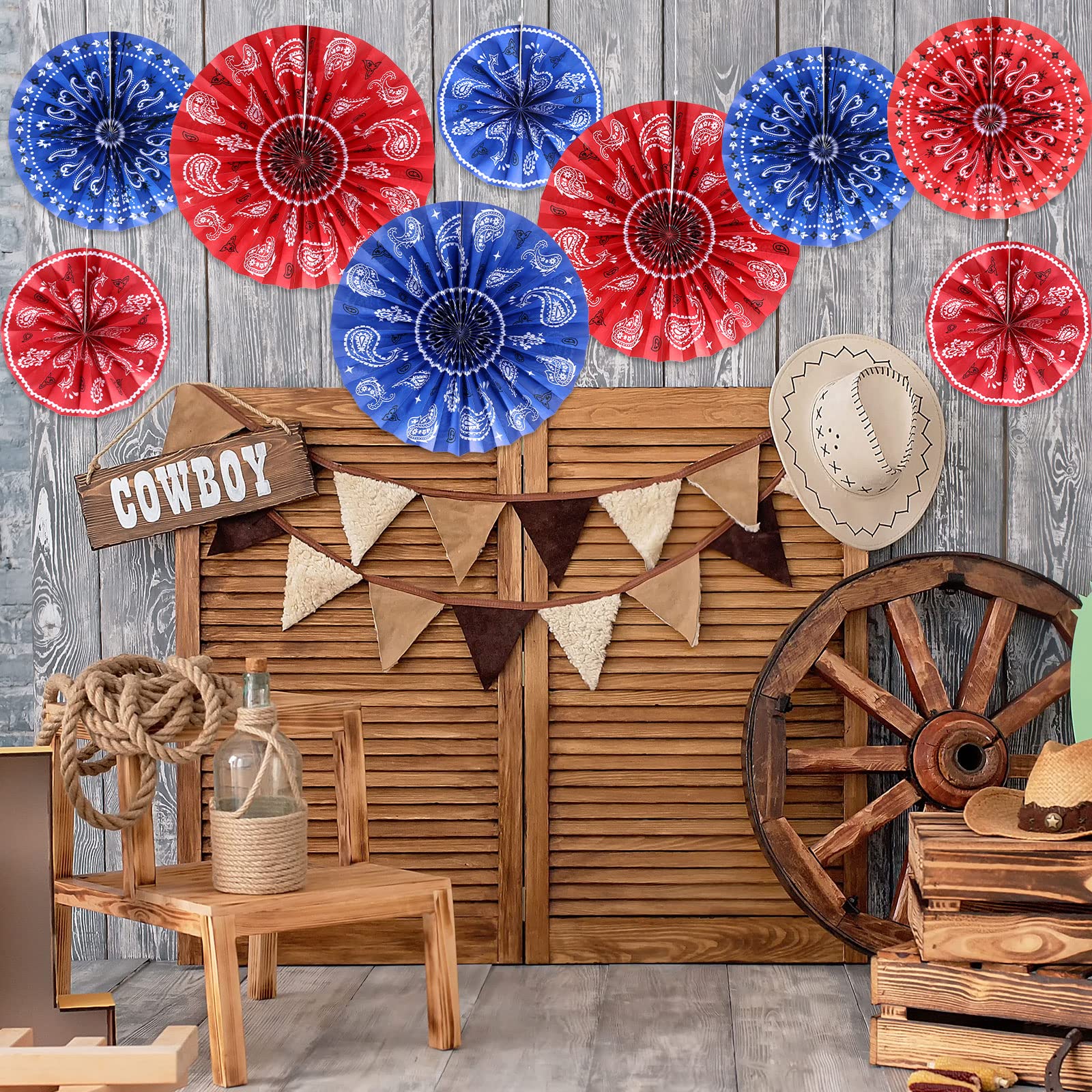 Outus 9 Pcs Bandana Hanging Paper Fans Decorations Wild West Paper Fans Classroom Decorations Western Themed Ceiling Wall Garland for Western Cowboy Themed Party Decorations