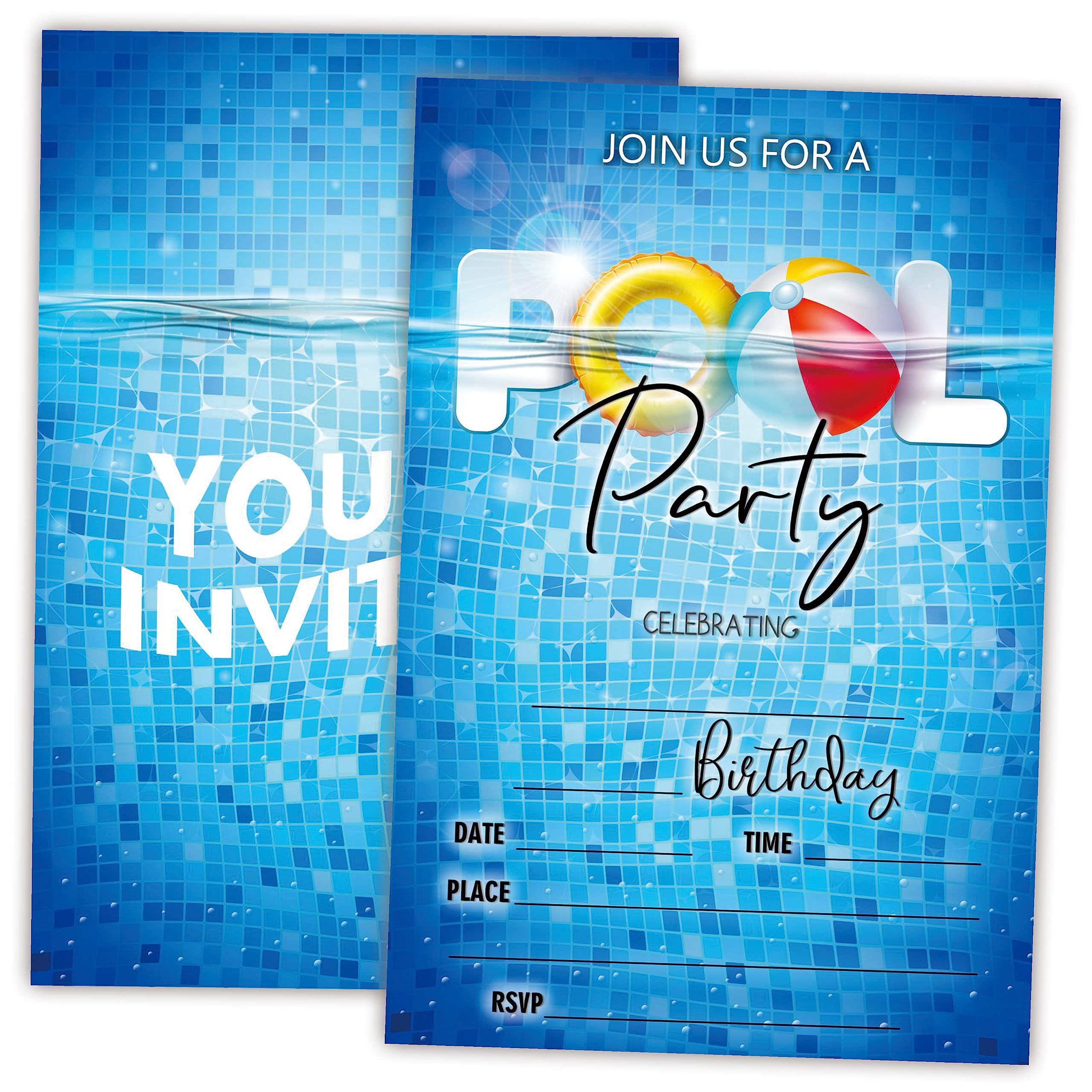 AWSICE Swimming Pool Party Birthday Invitations,Double-Sided Fill-In Invite Cards For Birthday Party, 20 Invitations With Envelopes, Decorations,Party Favor And Supply-A19