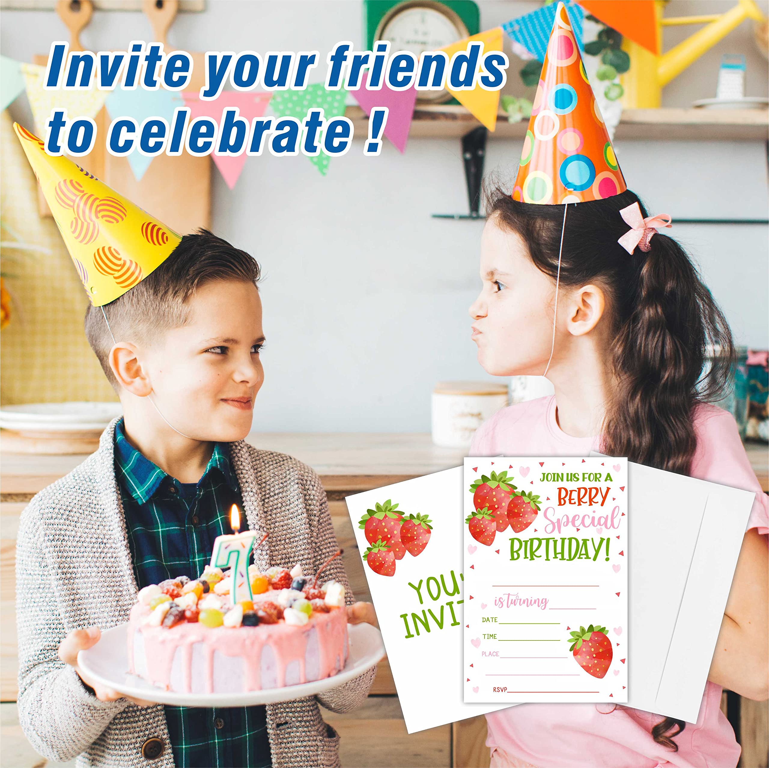 AWSICE Strawberry Theme Birthday Invitations, Fruits Double-Sided Fill-In Invite Cards For Kids, 20 Invitations With Envelopes, Decorations, Party Favor And Supply