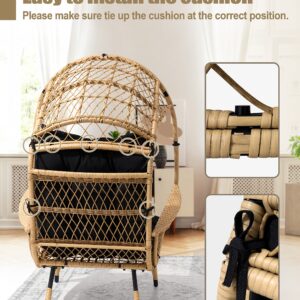 JOINHOM Hand Woven Wicker Egg Chair, Patio Sun Shade Egg Chair with Wide Armrest Allow You to Relax, Strong Metal Frame Lounge Chair w/Cushion for Garden, Balcony, Living Room