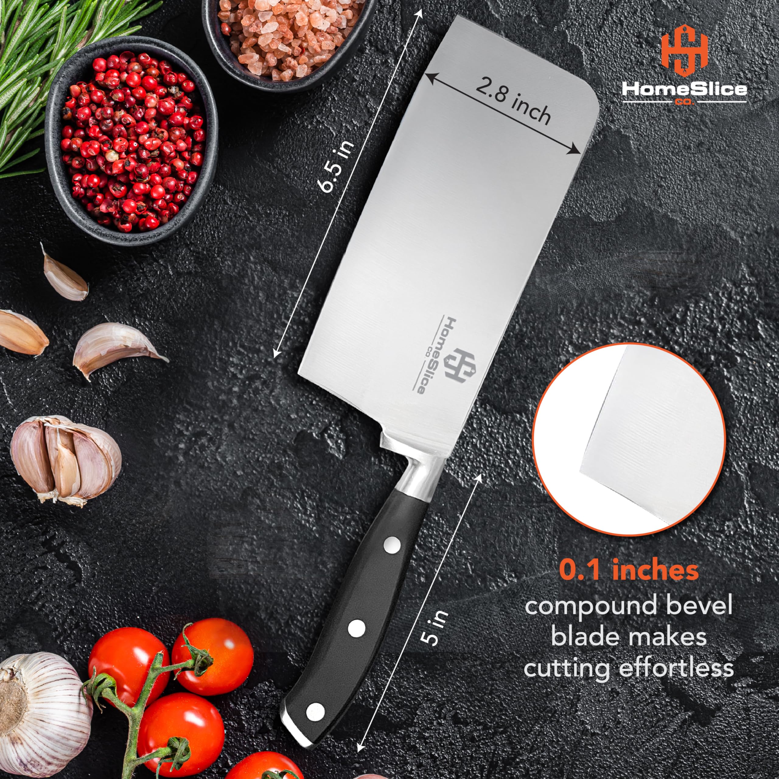 HomeSlice Co. Cleaver knife 6 Inch Meat Cleaver - High Carbon Steel Butcher Knife With High Strength And Lightweight Abs Handle- Razor Sharp Kitchen Appliance for Easier Slicing And Butchering