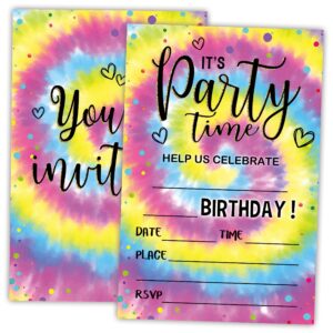 awsice tie dye theme birthday invitations, double-sided fill-in invite cards for birthday party, 20 invitations with envelopes, decorations,party favor and supply-a49