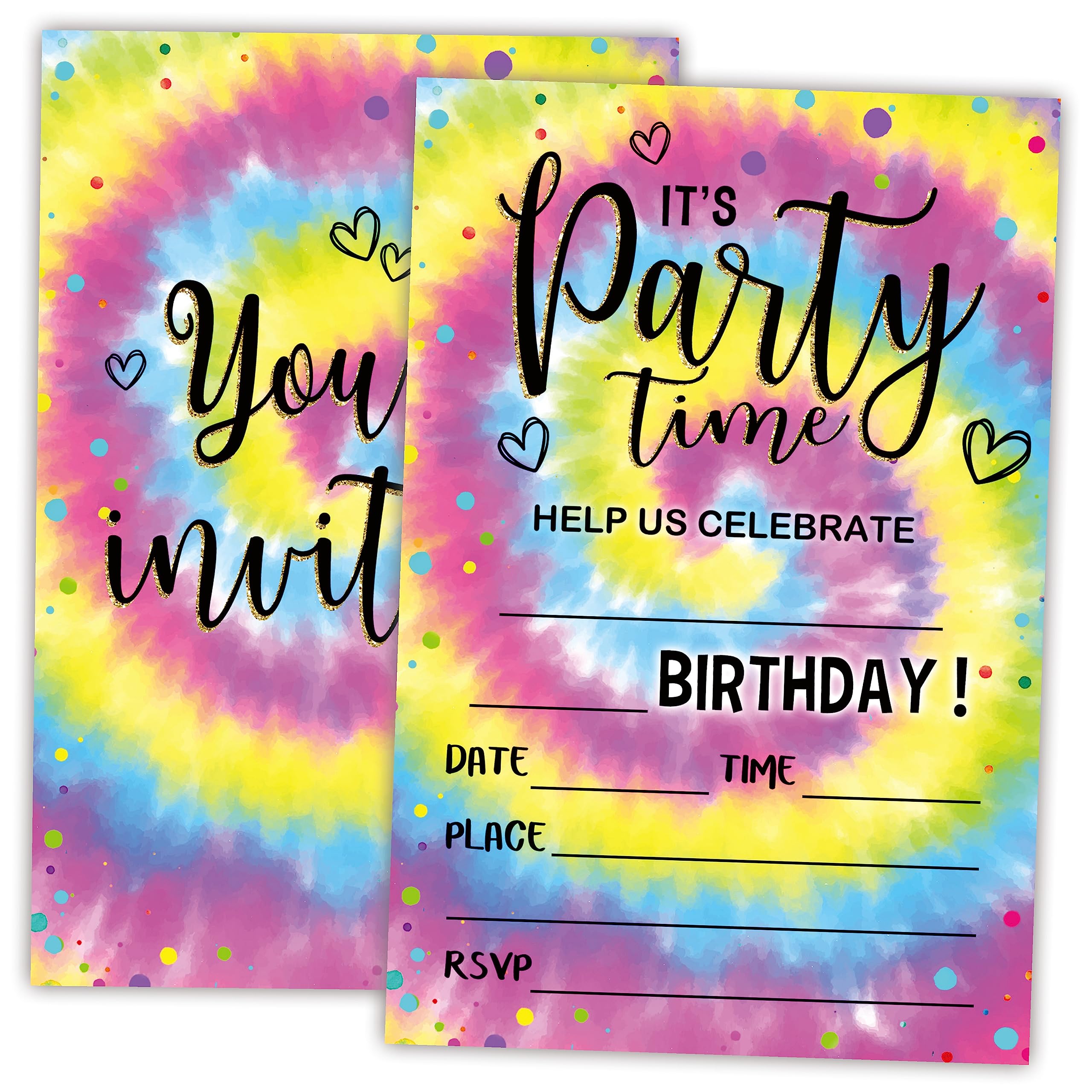 AWSICE Tie Dye Theme Birthday Invitations, Double-Sided Fill-In Invite Cards For Birthday Party, 20 Invitations With Envelopes, Decorations,Party Favor And Supply-A49