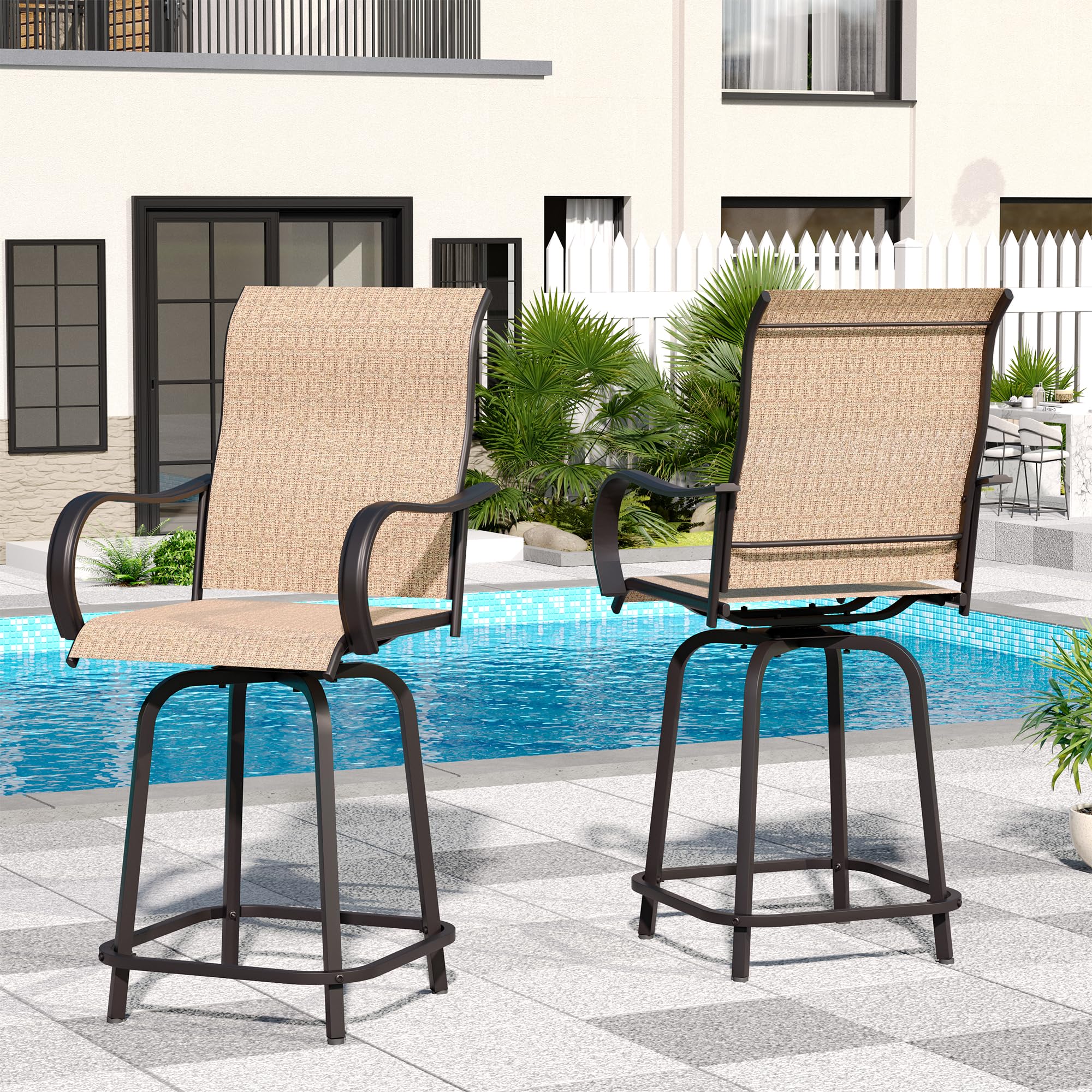 Poteban Patio Swivel Bar Stools Set of 2, Outdoor Bar Height Patio Chairs for Backyard, Pool, Garden, Deck w/High Back and Armrest, All-Weather Mesh, 300lb Capacity – Brown