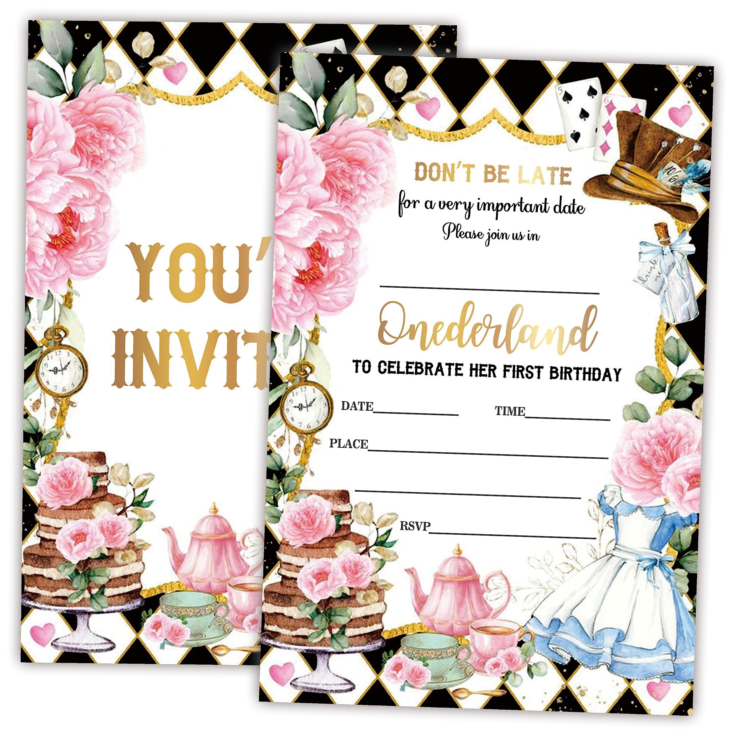 AWSICE Floral Tea Party First Birthday Invitations, Onederland Fill-In Invite Cards For Birthday Party, 20 Invitations With Envelopes, Decorations,Party Favor And Supply-A26