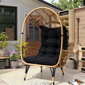 JOINHOM Hand Woven Wicker Egg Chair, Patio Sun Shade Egg Chair with Wide Armrest Allow You to Relax, Strong Metal Frame Lounge Chair w/Cushion for Garden, Balcony, Living Room