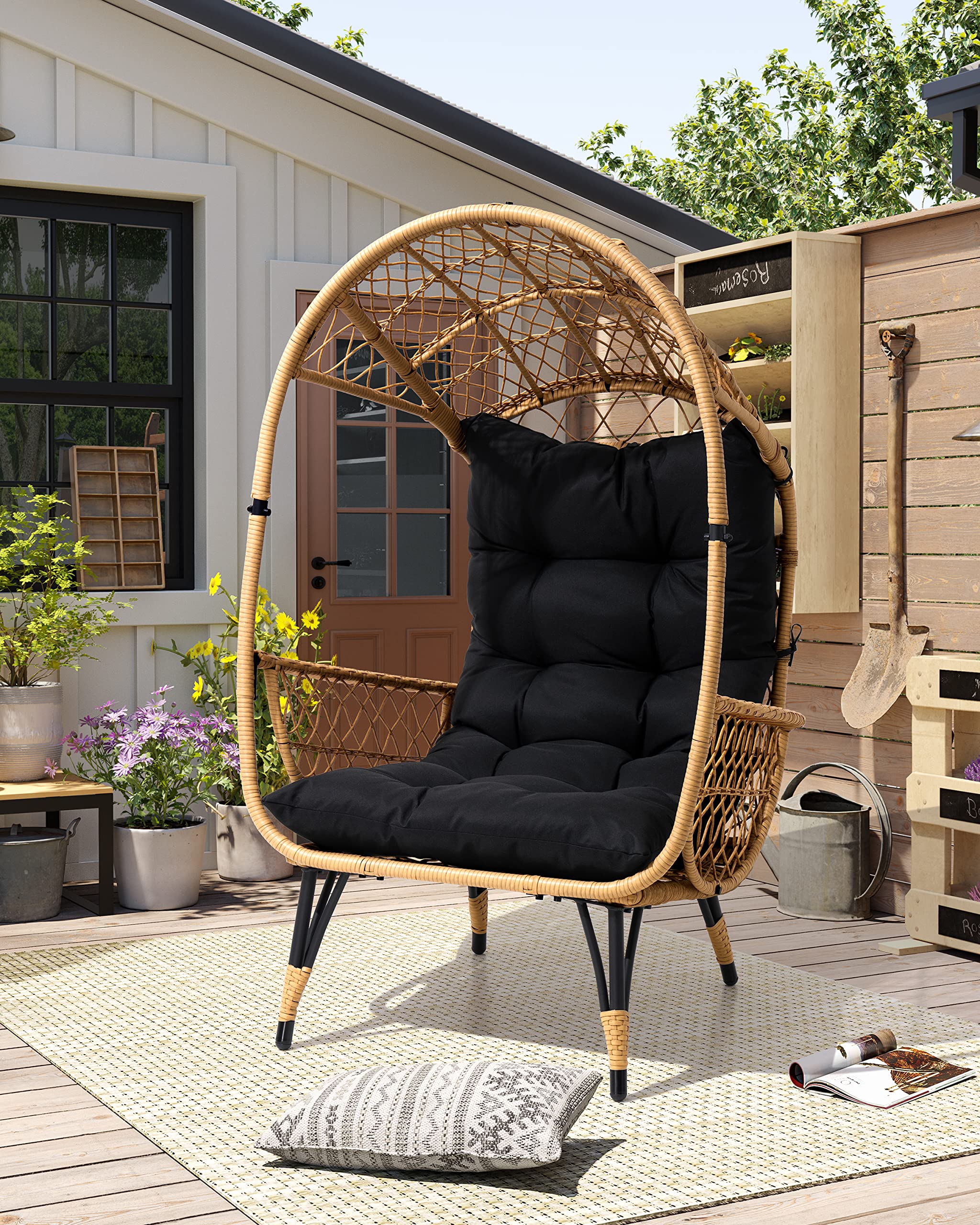 JOINHOM Hand Woven Wicker Egg Chair, Patio Sun Shade Egg Chair with Wide Armrest Allow You to Relax, Strong Metal Frame Lounge Chair w/Cushion for Garden, Balcony, Living Room