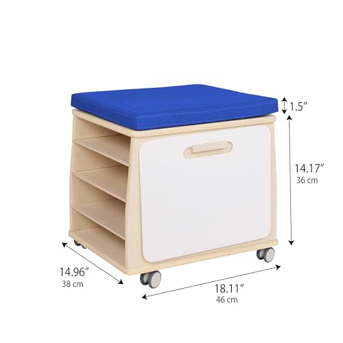 Children’s Factory Mobile Teacher Stool with Storage, Birch-Ply Wood, Blue Cushion, Kids Playroom and Classroom Must Haves, Assembly Required