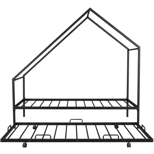 Zaboro Twin Size House Bed,Metal Bed Frame with Trundle,Floor Height Platform Bed with Strudy Metal Slats Support,for Boys,Girls,Teens,Adults,No Box Spring Needed