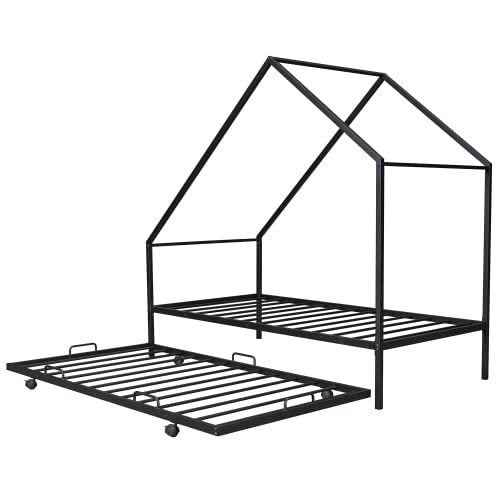 Zaboro Twin Size House Bed,Metal Bed Frame with Trundle,Floor Height Platform Bed with Strudy Metal Slats Support,for Boys,Girls,Teens,Adults,No Box Spring Needed