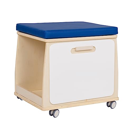 Children’s Factory Mobile Teacher Stool with Storage, Birch-Ply Wood, Blue Cushion, Kids Playroom and Classroom Must Haves, Assembly Required