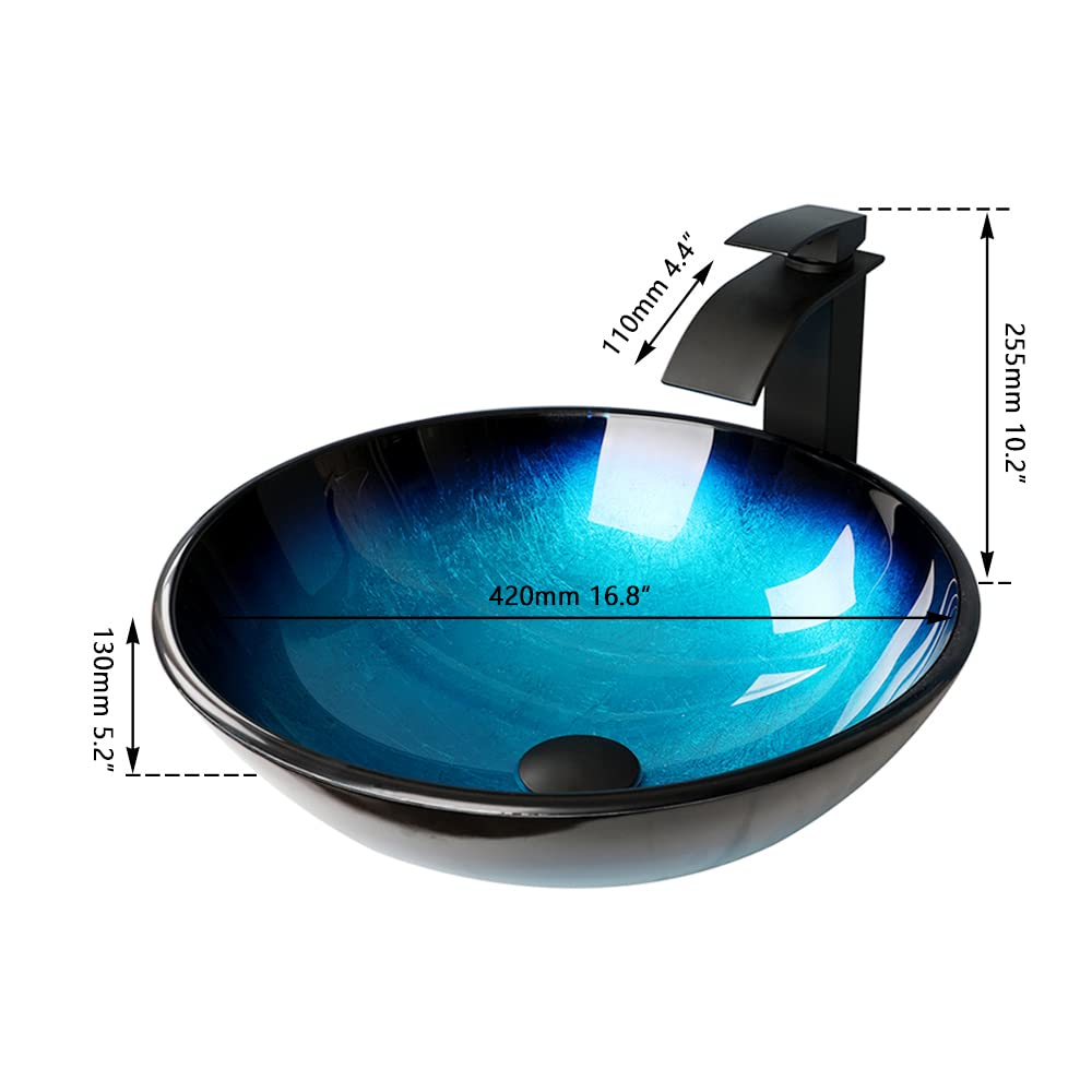 MEKKHALA Blue Bathroom Sinks Balck Glass Vessel Sinks for Bathroom Countertop Round Vanity Sink Bowl Combos Black Mixer Faucet and Drain Set Glass Basin Bowl for Bathrooms Large