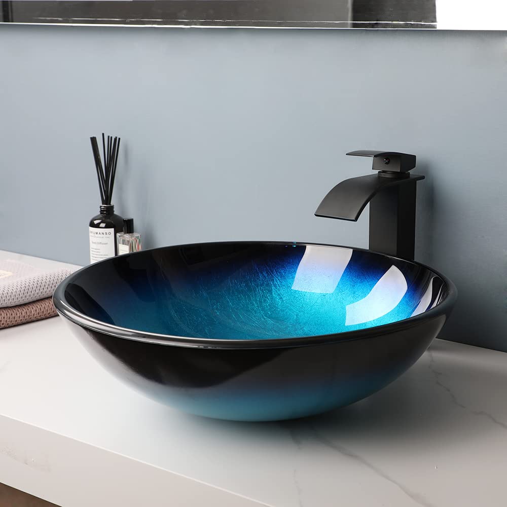 MEKKHALA Blue Bathroom Sinks Balck Glass Vessel Sinks for Bathroom Countertop Round Vanity Sink Bowl Combos Black Mixer Faucet and Drain Set Glass Basin Bowl for Bathrooms Large