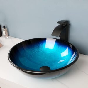 MEKKHALA Blue Bathroom Sinks Balck Glass Vessel Sinks for Bathroom Countertop Round Vanity Sink Bowl Combos Black Mixer Faucet and Drain Set Glass Basin Bowl for Bathrooms Large