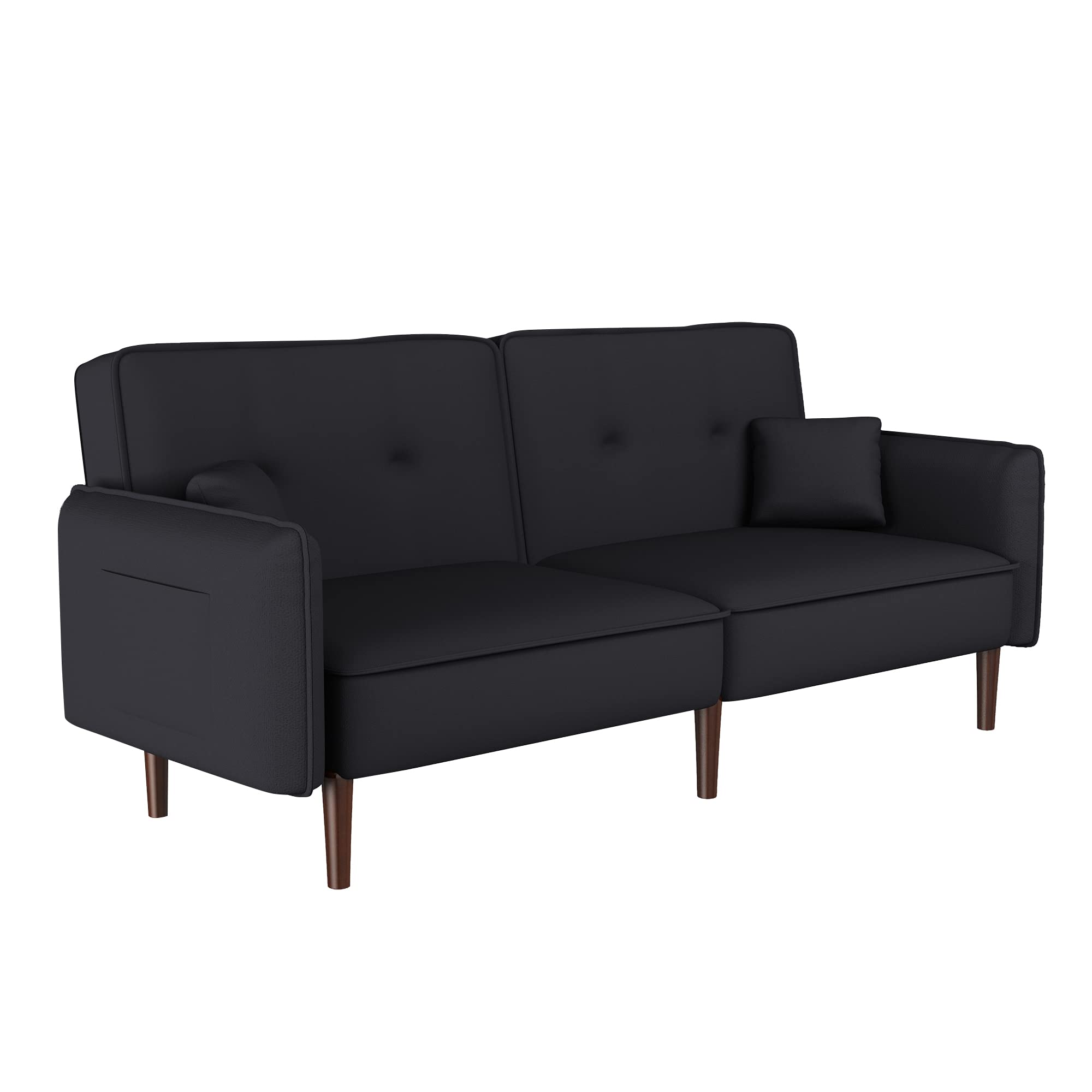 Sofa Bed, HABITTRIO 75" Modern Black Fabric Upholstered 3-Seater Sleeper Couch with Adjustable Splict-Back Design, 2 Side Pockets, 2 Toss Pillows, Fit for Small Living Room, Apartment