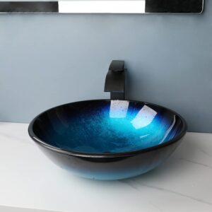 MEKKHALA Blue Bathroom Sinks Balck Glass Vessel Sinks for Bathroom Countertop Round Vanity Sink Bowl Combos Black Mixer Faucet and Drain Set Glass Basin Bowl for Bathrooms Large