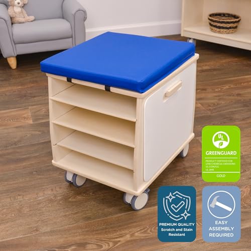 Children’s Factory Mobile Teacher Stool with Storage, Birch-Ply Wood, Blue Cushion, Kids Playroom and Classroom Must Haves, Assembly Required