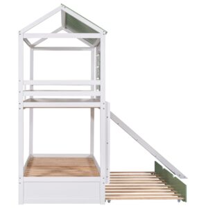 MERITLINE House Bunk Bed with Slide for Kids,Twin Over Twin Bunk Bed with Trundle and Ladder,Wood Bunk Bed Frame with Roof and Window Design, for Kids Girls Boys(White+Green)