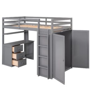 Harper & Bright Designs Twin Size Loft Bed Solid Wooden Loft Bed Frame with Drawers,Desk,and Wardrobe & Safety Guardrail for Kids, Boys and Girls,Teens, No Box Spring Needed (Grey)